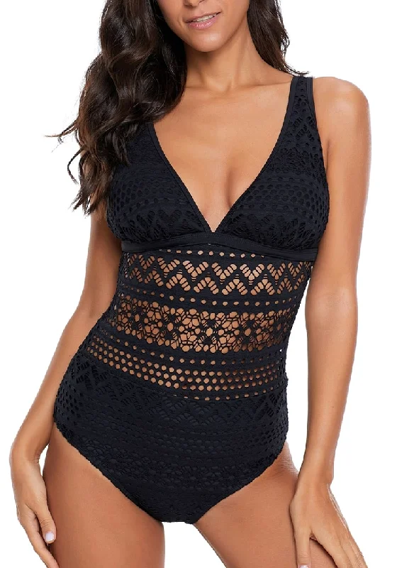 Light - weight  Black Lace Crochet V-Neckline Swimsuit