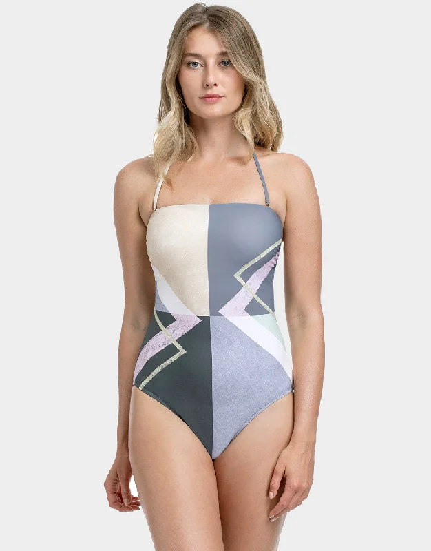 Timeless - classic  Modern Art Bandeau Swimsuit - Multi Grey