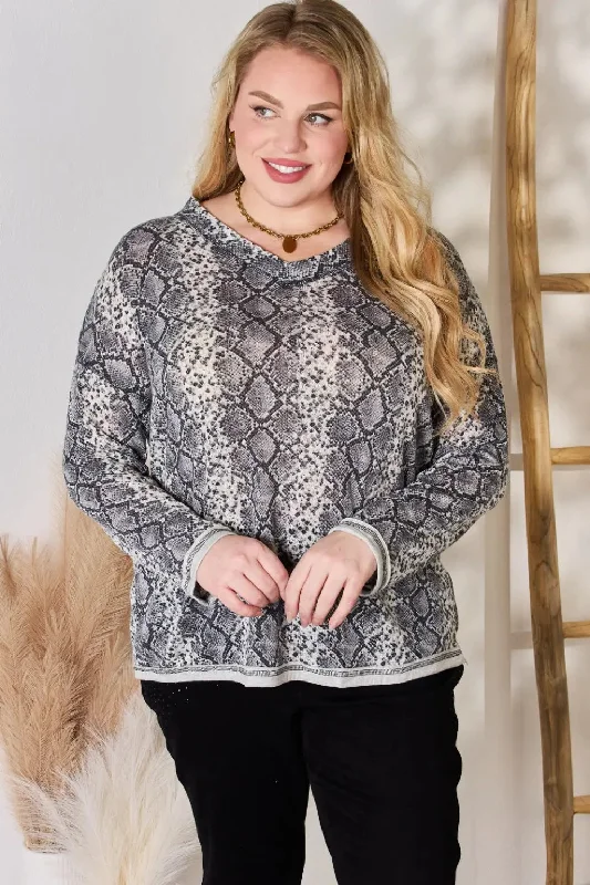 Contemporary - fashion  Hailey & Co Full Size Snakeskin V-Neck Long Sleeve Top