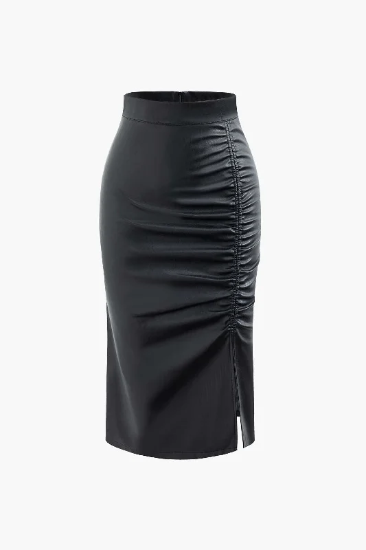 Minimalist - inclined  Faux Leather Ruched Split Midi Skirt