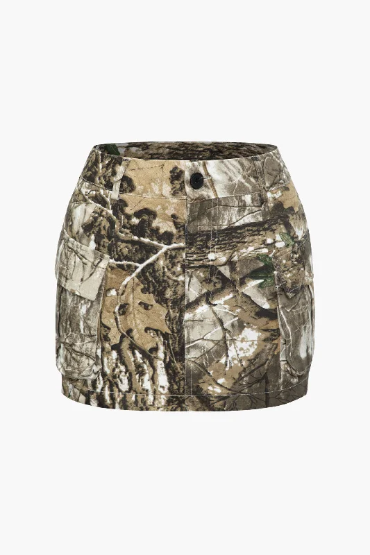Travel - friendly  Leaves Print Cargo Mini Skirt