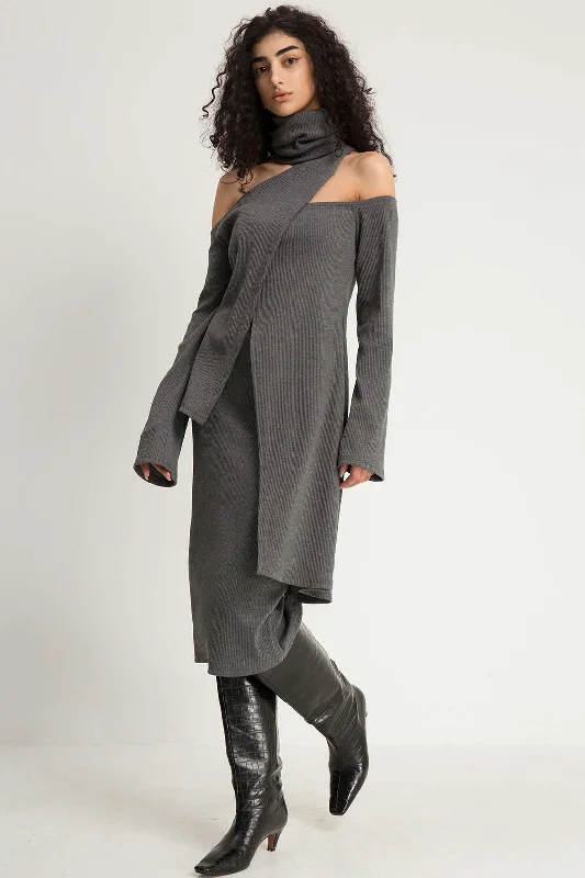 Trend - setting  Asymmetric Knit Turtleneck Top And Midi Dress Set
