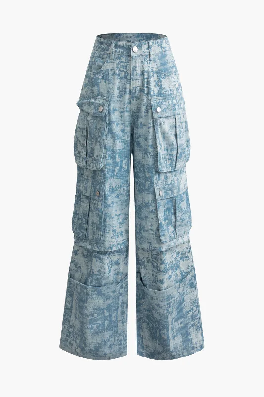 Compact - fitting  Tie Dye Multi-pocket Wide Leg Cargo Jeans