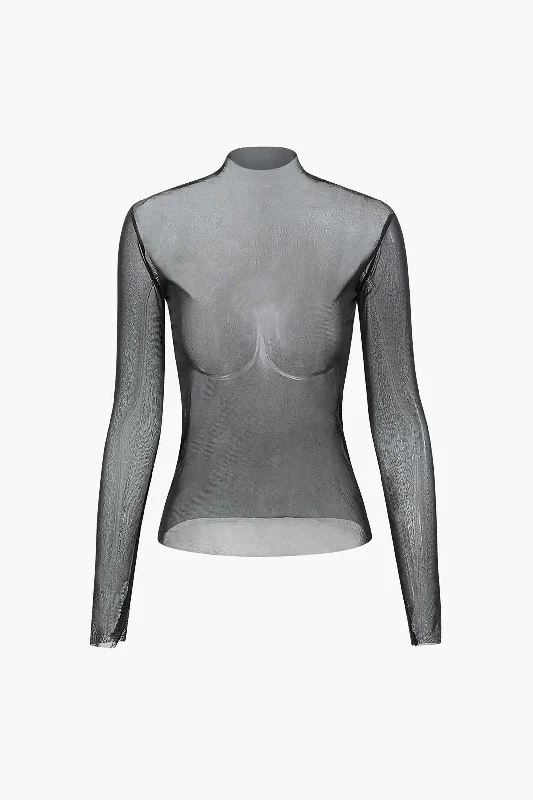 Sexy - flattering  Mock Neck Sheer Mesh Long Sleeve Top