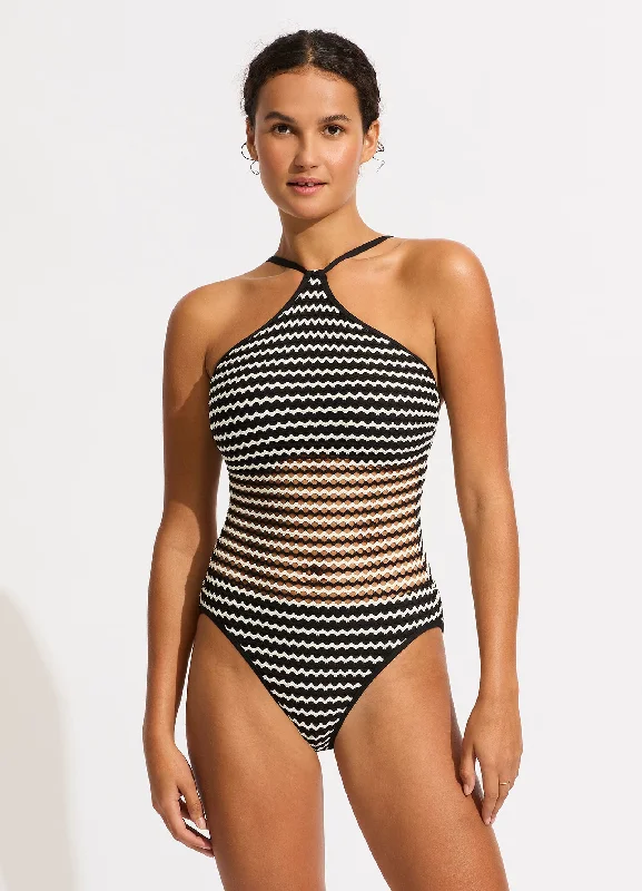 Trend - setting  Mesh Effect DD High Neck One Piece - Black