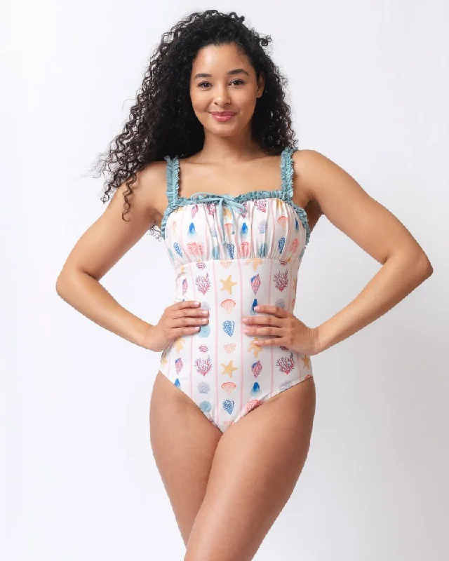 Chic  Shell Stripe Ruffle-Strap One-Piece