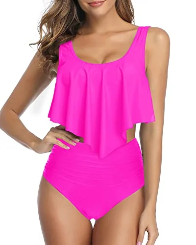 Compact - fitting  Adjustable Double Straps Women Ruffled Flounce Bikini Swimsuit-Neon Pink