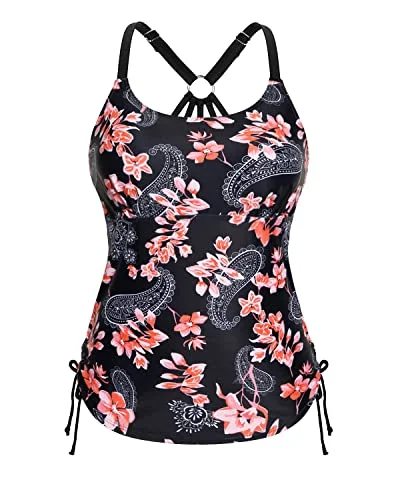 UV - blocking  U Neck Tankini Swim Top Only With Removable Padded Bra-Black Pink Flowers