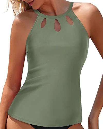 Seamless - constructed  Push Up High Neck Tankini Top Halter Bathing Suit Tops-Olive Green