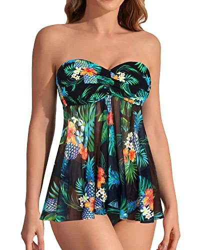 Flattering - fit  Flyaway Halter Bandeau Tankini For Women Mid Rise Bottoms-Black Pineapple