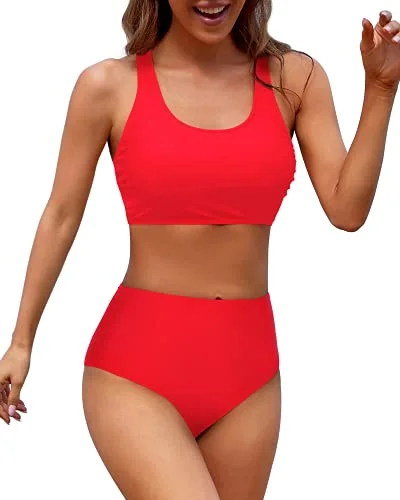 Pattern - coordinated  Crop Top Bikini Sports Crop Top Swimsuit Scoop Neck Bathing Suit For Teen Girls-Neon Red