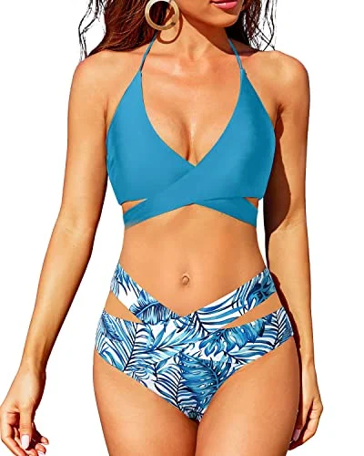 Snug - fitting  Crossed V Shaped Waist Halter Wrap Bikini Push Up Swimsuit-Dark Blue Green Leaves