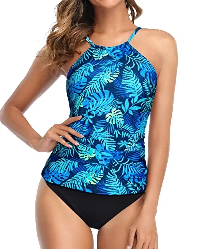 Pool - appropriate  Padded High Neck Ruched Tankini Swimsuit For Women-Blue Leaves