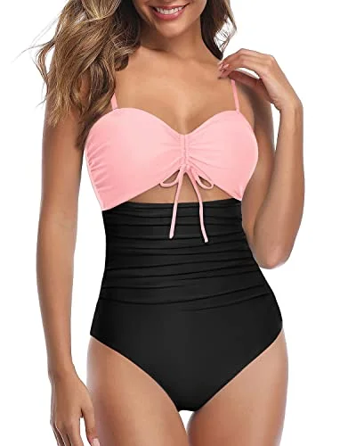 Mature - style  Criss Cross/Vertical Shoulder Straps Swimsuits For Curvy Womens-Pink And Black