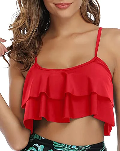 Sun - shielding  Adjustable Bra Style Ruffled Swimsuit Tank Top For Women-Red