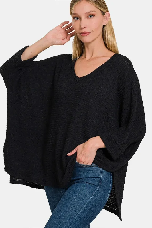 Soft - touch  Zenana Full Size Waffle Knit V-Neck Long Sleeve Slit Top