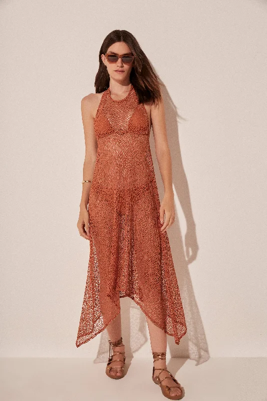 Alluring  Carnation Crochet Halter Top Midi Dress E5131A1965