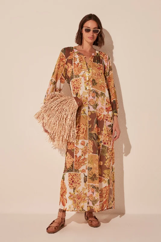 Decoration - rich  Flowers Patchwork Long Sleeve Midi Dress E5080A1921